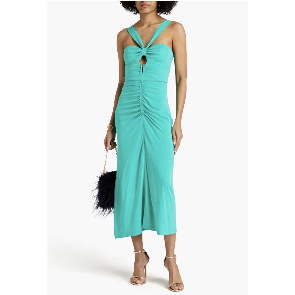 Rebecca Vallance Dress Turquoise Riccardo Ruched Cutout Jersey Midi Size 4